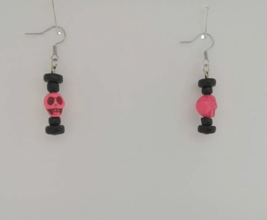 Glass Skull and Black Coconut Dangle Hook Earring