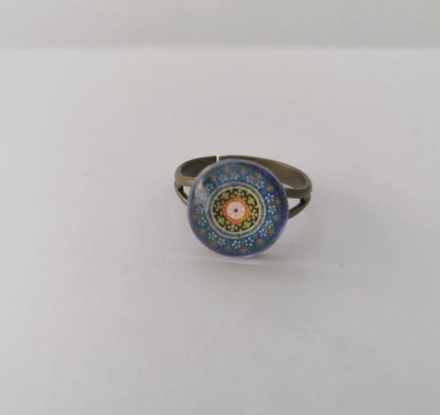 Blue Pattern Adjustable Brass Cabochon Ring