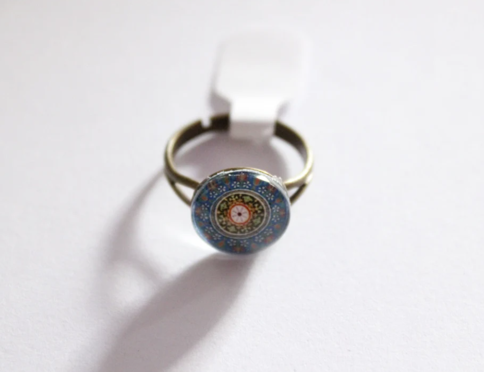 Blue Pattern Adjustable Brass Cabochon Ring
