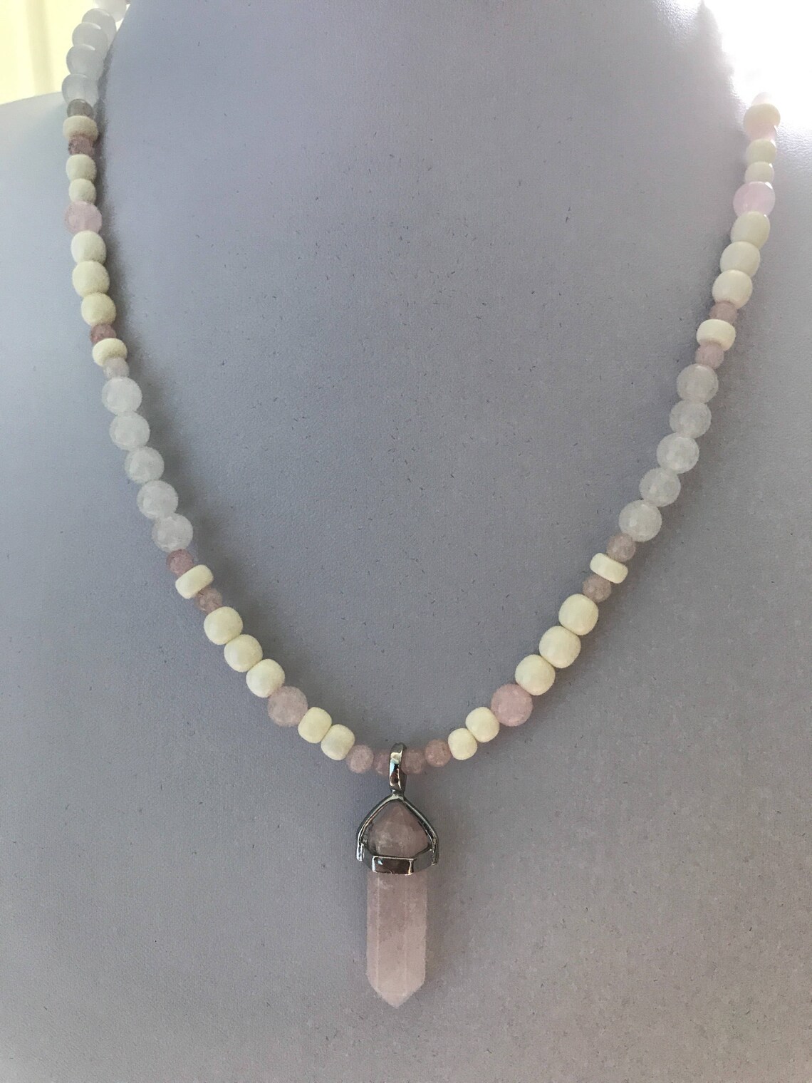 Bone, White Snow Quartz and Hexagon Wand Rose Quartz Pendant Necklace