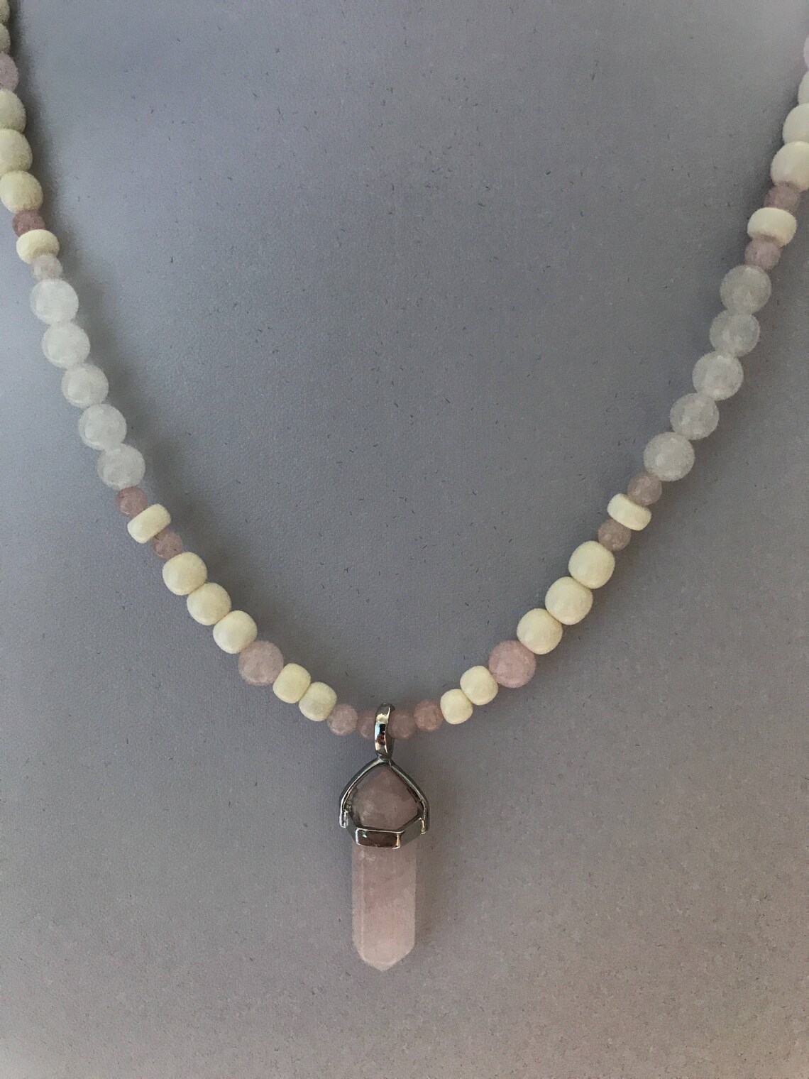 Bone, White Snow Quartz and Hexagon Wand Rose Quartz Pendant Necklace