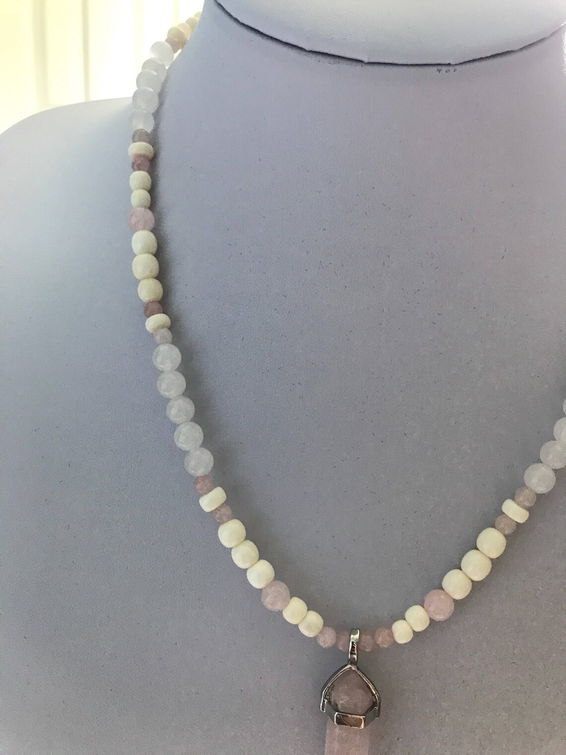 Bone, White Snow Quartz and Hexagon Wand Rose Quartz Pendant Necklace