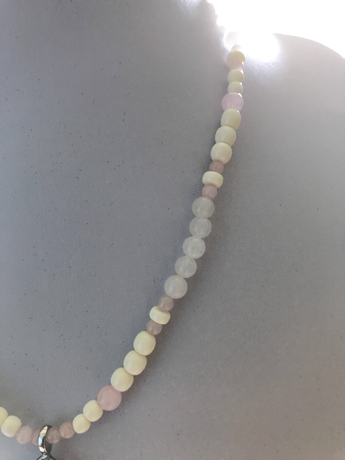 Bone, White Snow Quartz and Hexagon Wand Rose Quartz Pendant Necklace