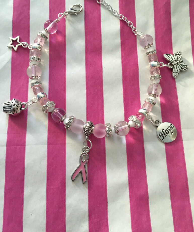 Breast Cancer Awareness, Hope Pink & White Charm Bracelet