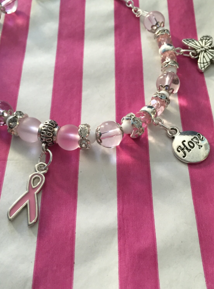 Breast Cancer Awareness, Hope Pink & White Charm Bracelet