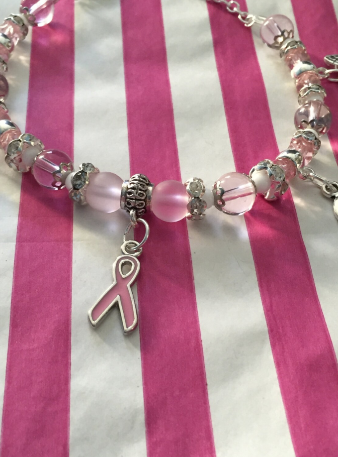 Breast Cancer Awareness, Hope Pink & White Charm Bracelet