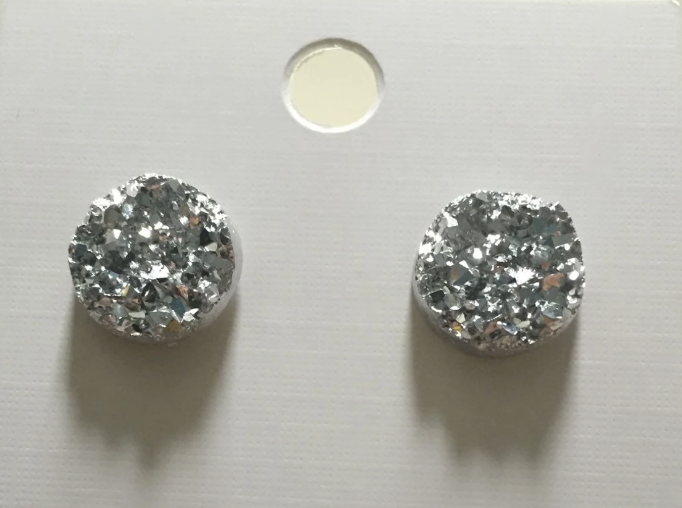 Bright Silver Faux Druzy Cabochon Studs