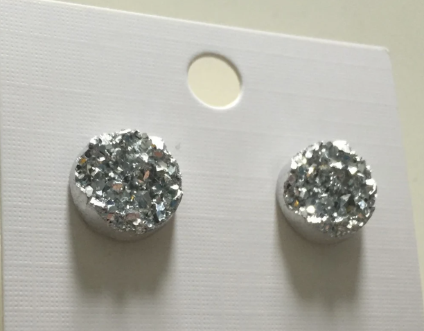 Bright Silver Faux Druzy Cabochon Studs