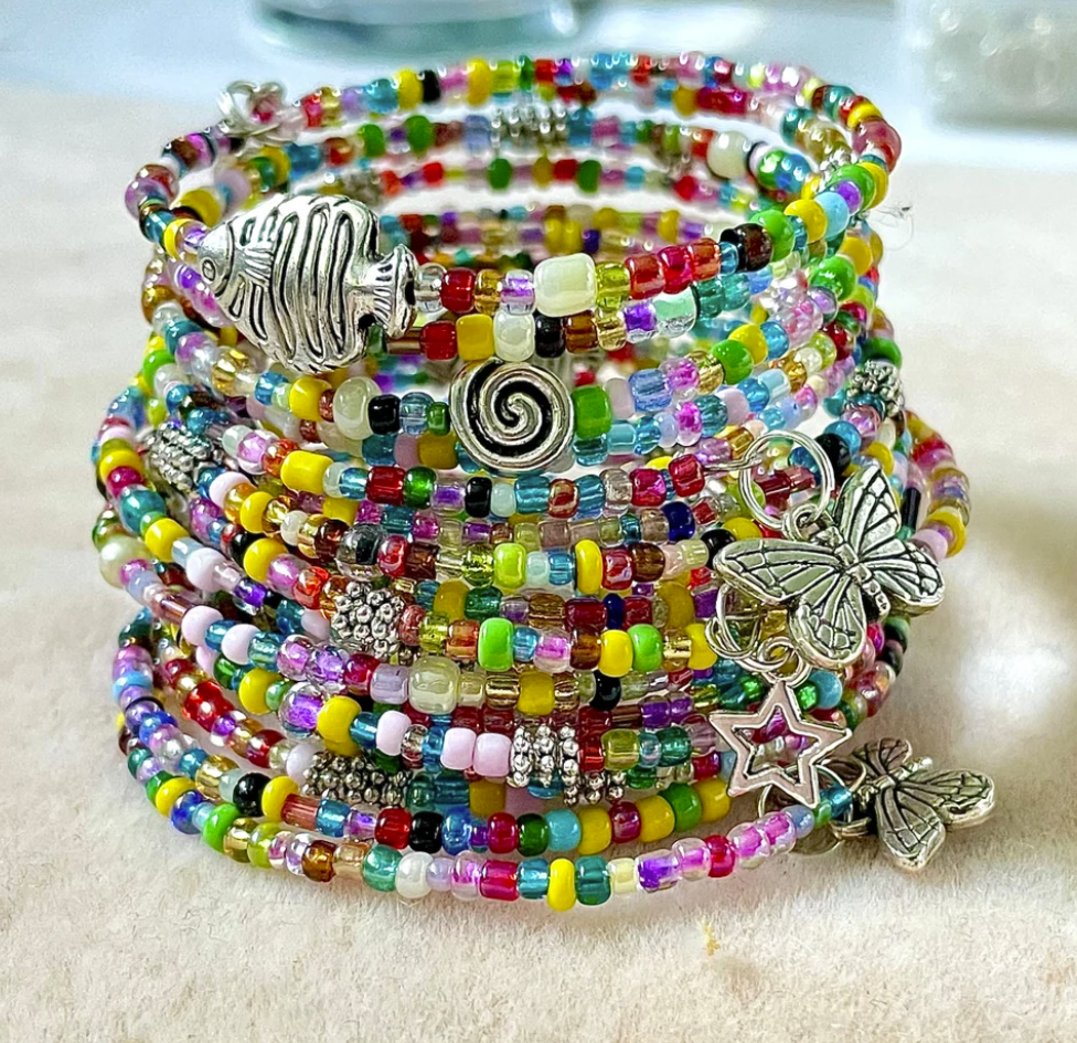 Colourful Beaded Charm Memory Wrap Bracelet