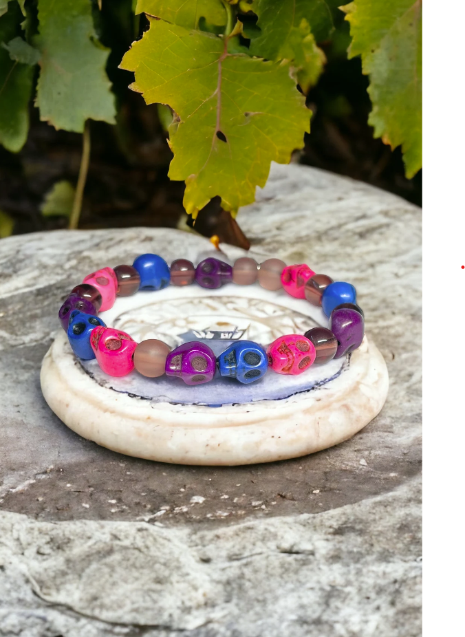 Colourful Howlite Skull Beaded Pink Purple and Blue Stretchy Bracelet