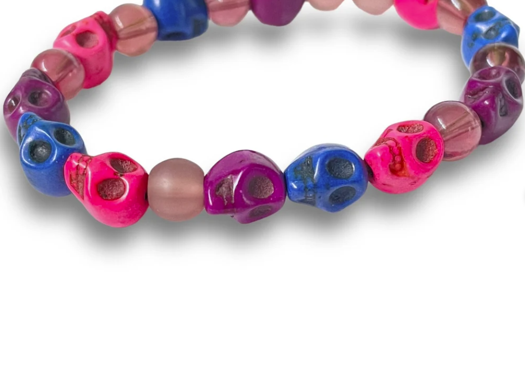 Colourful Howlite Skull Beaded Pink Purple and Blue Stretchy Bracelet
