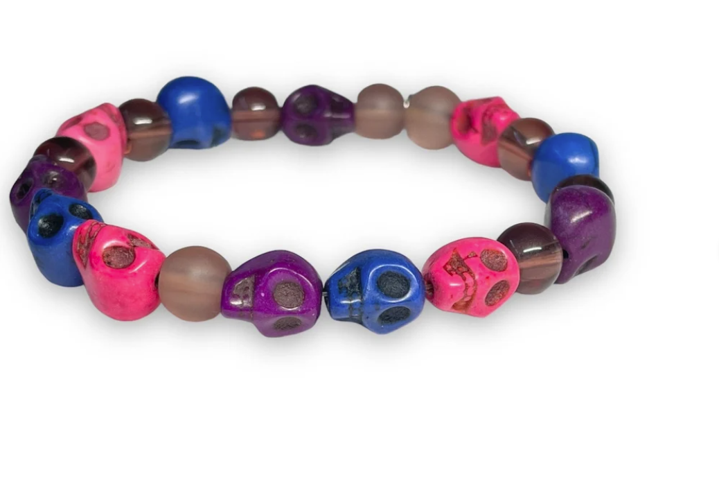 Colourful Howlite Skull Beaded Pink Purple and Blue Stretchy Bracelet