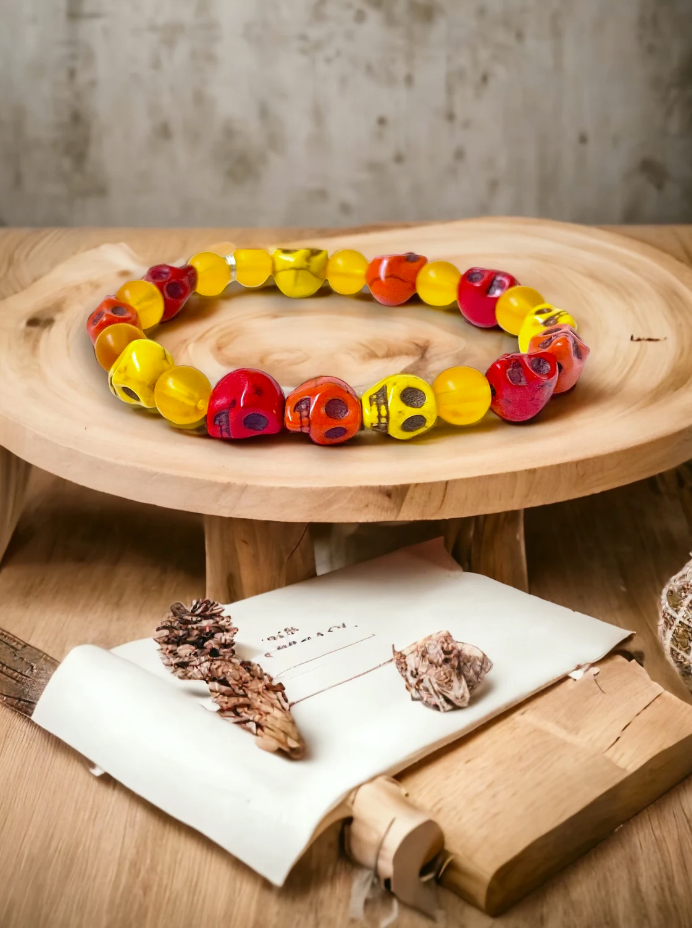 Colourful Howlite Skull Beaded Red Yellow and Orange Stretchy Bracelet