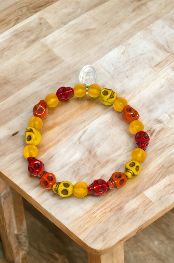 Colourful Howlite Skull Beaded Red Yellow and Orange Stretchy Bracelet