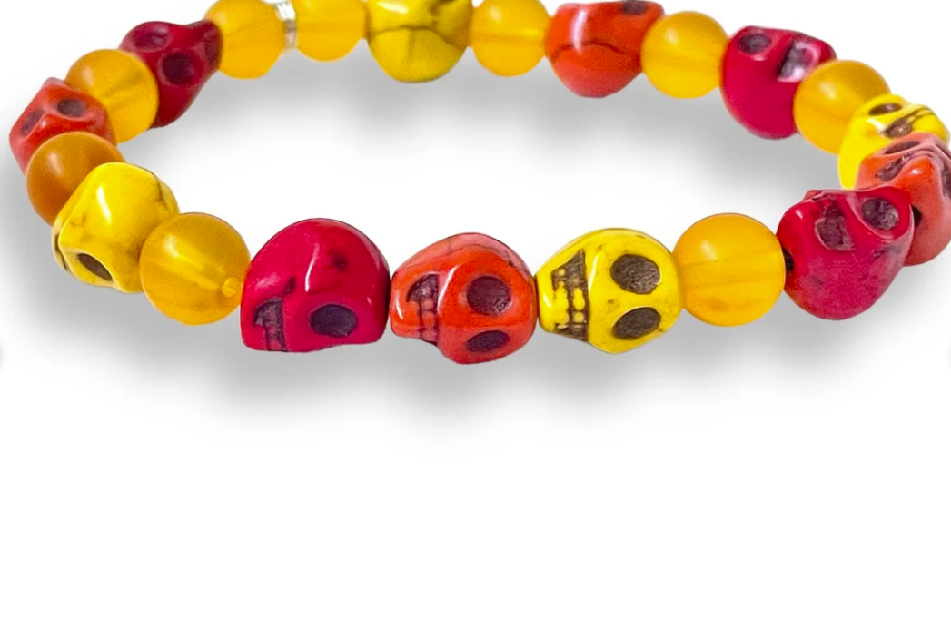 Colourful Howlite Skull Beaded Red Yellow and Orange Stretchy Bracelet