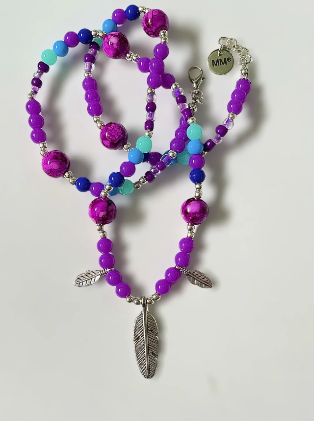 Purple, Green and Blue Feather Pendants Charms Necklace