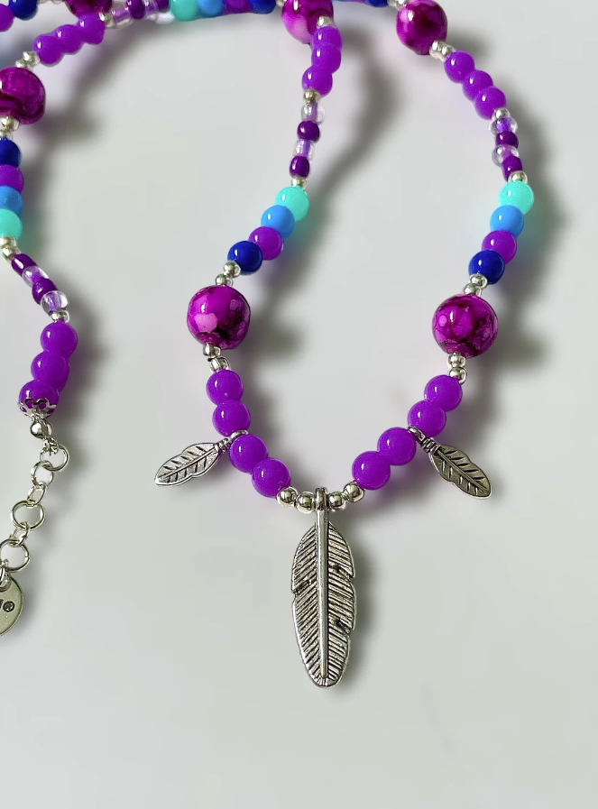 Purple, Green and Blue Feather Pendants Charms Necklace
