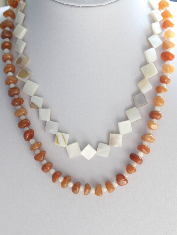 Double Strand Mother of Pearl and Orange Aventurine Necklace