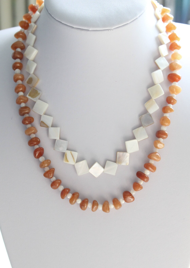 Double Strand Mother of Pearl and Orange Aventurine Necklace