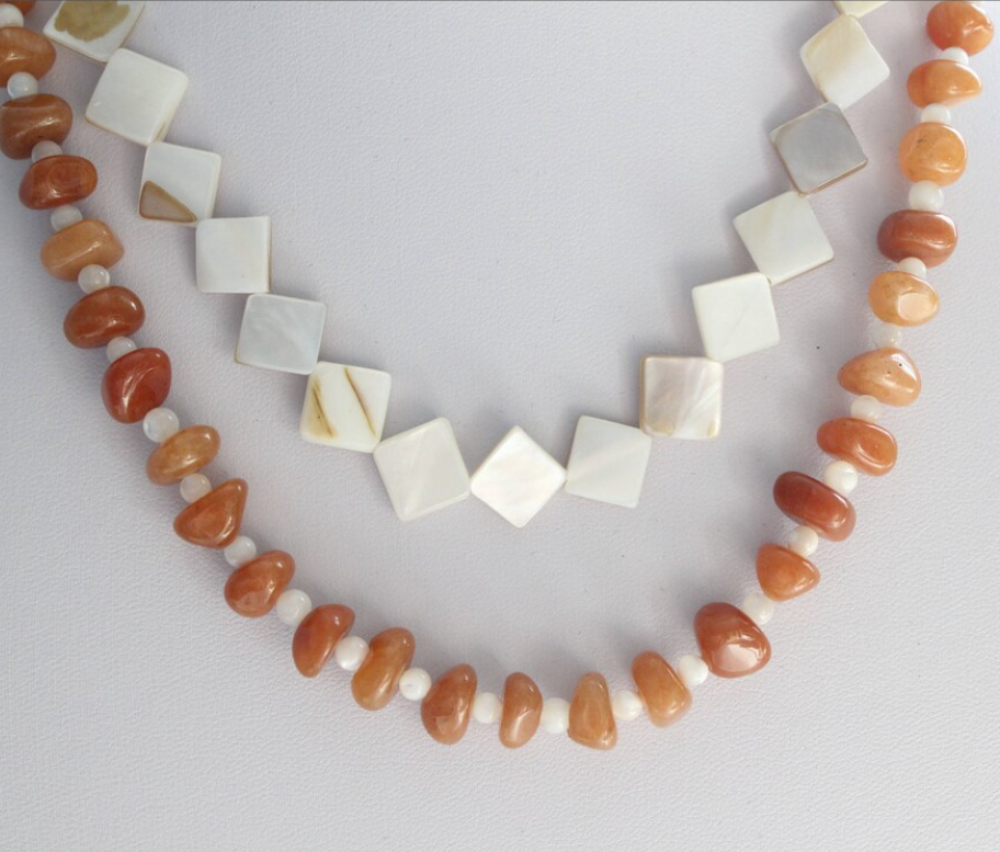 Double Strand Mother of Pearl and Orange Aventurine Necklace