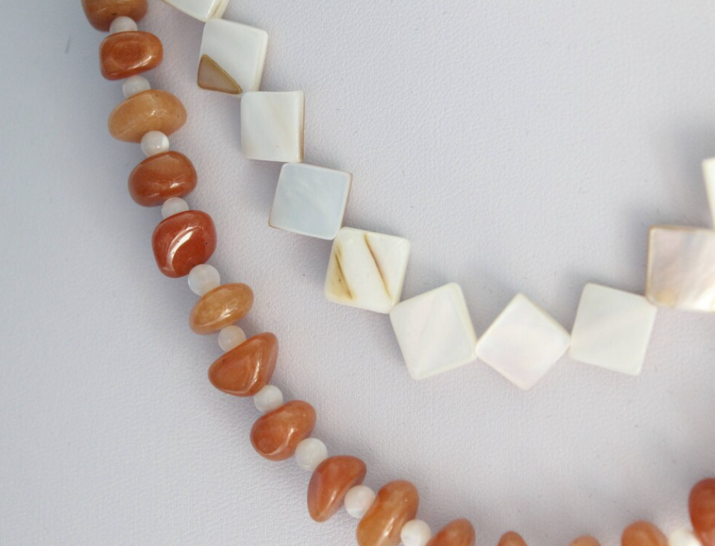 Double Strand Mother of Pearl and Orange Aventurine Necklace