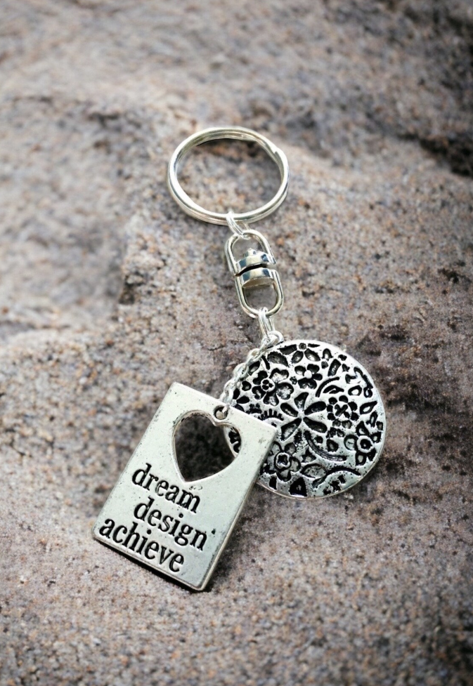 Dream Design Achieve Floral Disk Silver Key Ring