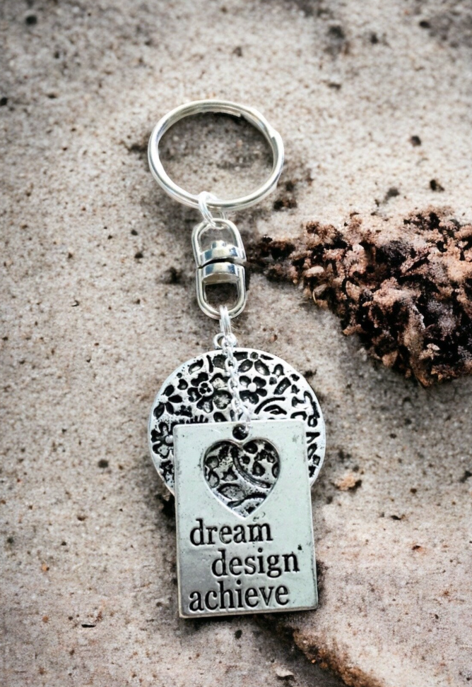 Dream Design Achieve Floral Disk Silver Key Ring