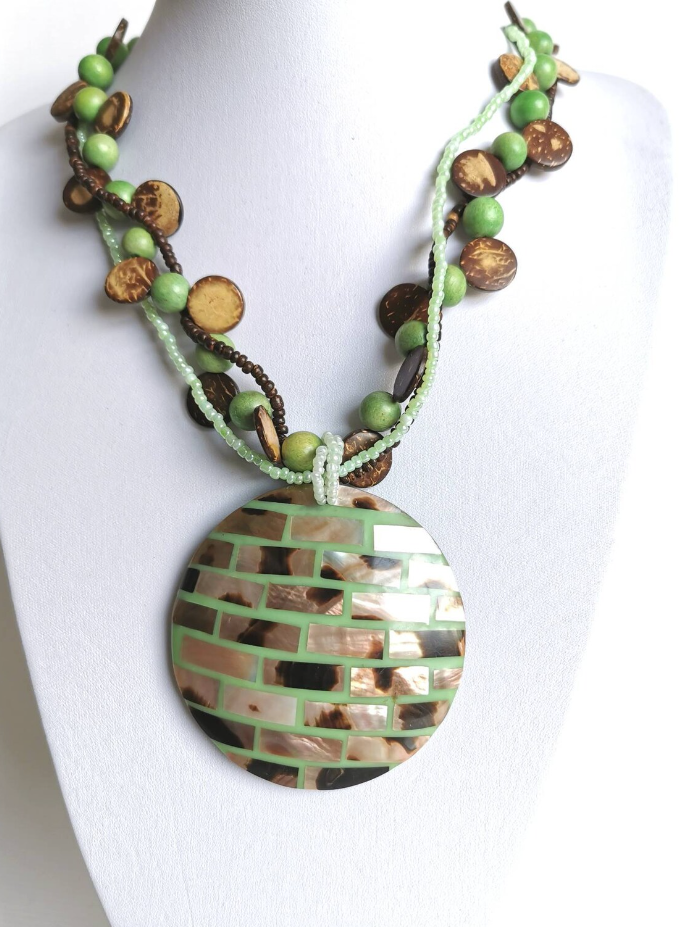 Earth Tones Triple Strand Green and Brown Beaded Pendant Necklace