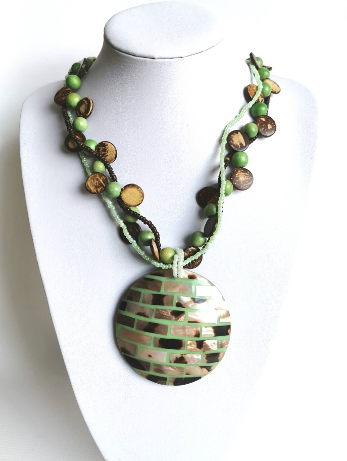 Earth Tones Triple Strand Green and Brown Beaded Pendant Necklace
