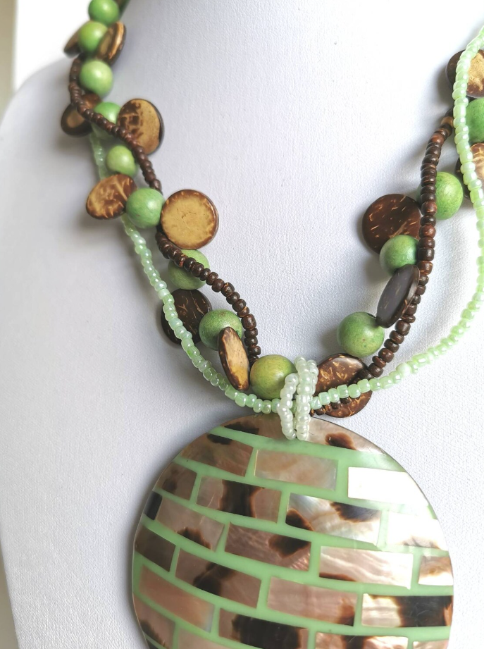 Earth Tones Triple Strand Green and Brown Beaded Pendant Necklace