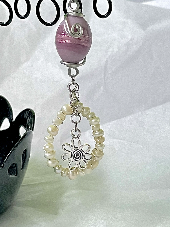 Eclectic Hand Wrapped Purple Foiled Glass Freshwater Pearls and Swirly Flower Drop Dangle Earrings
