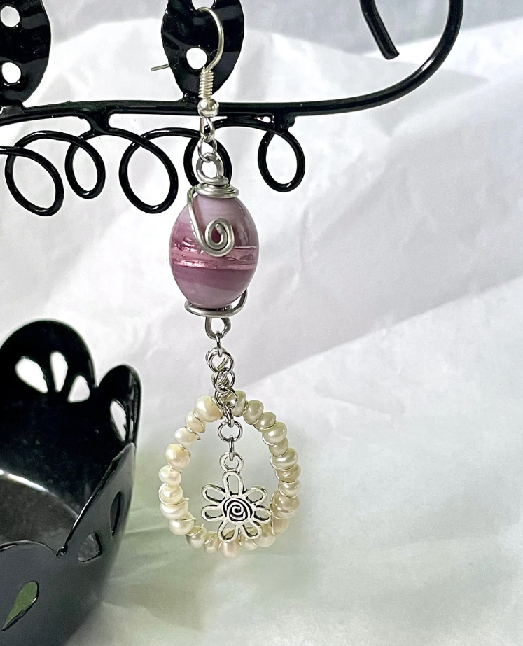 Eclectic Hand Wrapped Purple Foiled Glass Freshwater Pearls and Swirly Flower Drop Dangle Earrings
