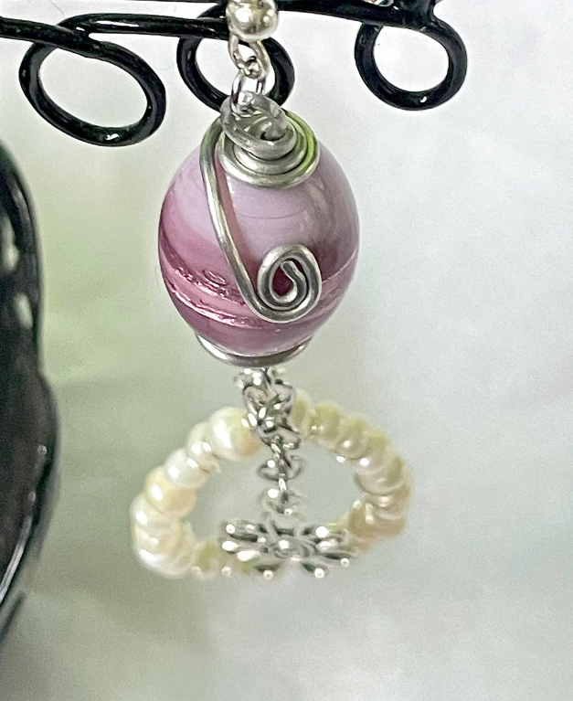 Eclectic Hand Wrapped Purple Foiled Glass Freshwater Pearls and Swirly Flower Drop Dangle Earrings