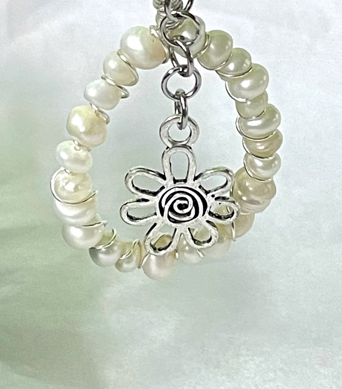 Eclectic Hand Wrapped Purple Foiled Glass Freshwater Pearls and Swirly Flower Drop Dangle Earrings