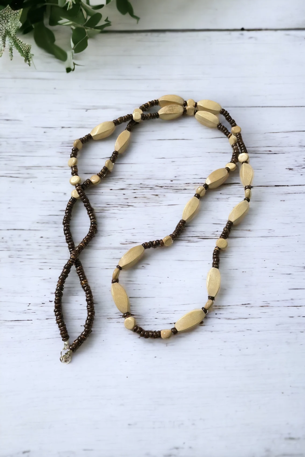 Exotic White Wood and Natural Brown Coconut Long Necklace
