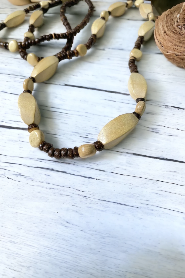 Exotic White Wood and Natural Brown Coconut Long Necklace