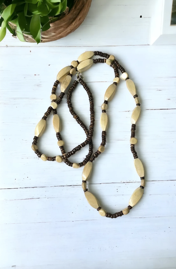 Exotic White Wood and Natural Brown Coconut Long Necklace