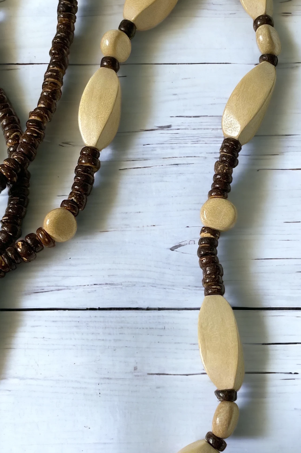 Exotic White Wood and Natural Brown Coconut Long Necklace
