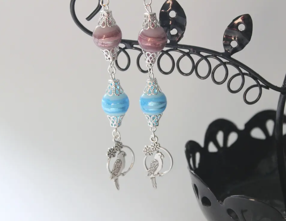 Foiled Blue & Purple Lamp Glass Bird Charm Earrings