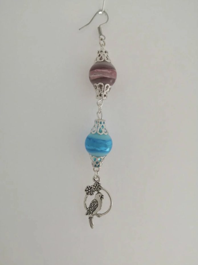 Foiled Blue & Purple Lamp Glass Bird Charm Earrings