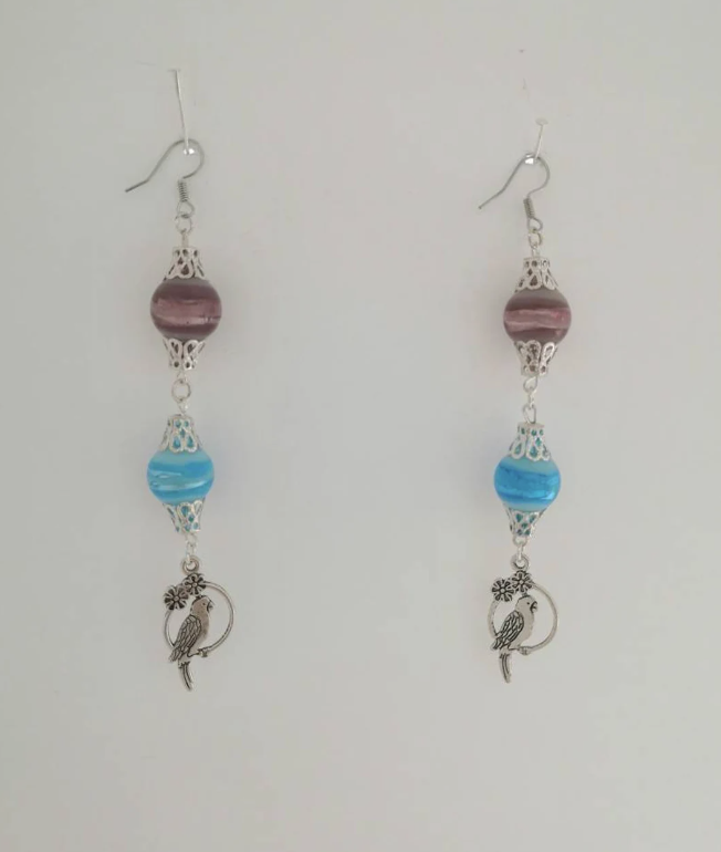 Foiled Blue & Purple Lamp Glass Bird Charm Earrings