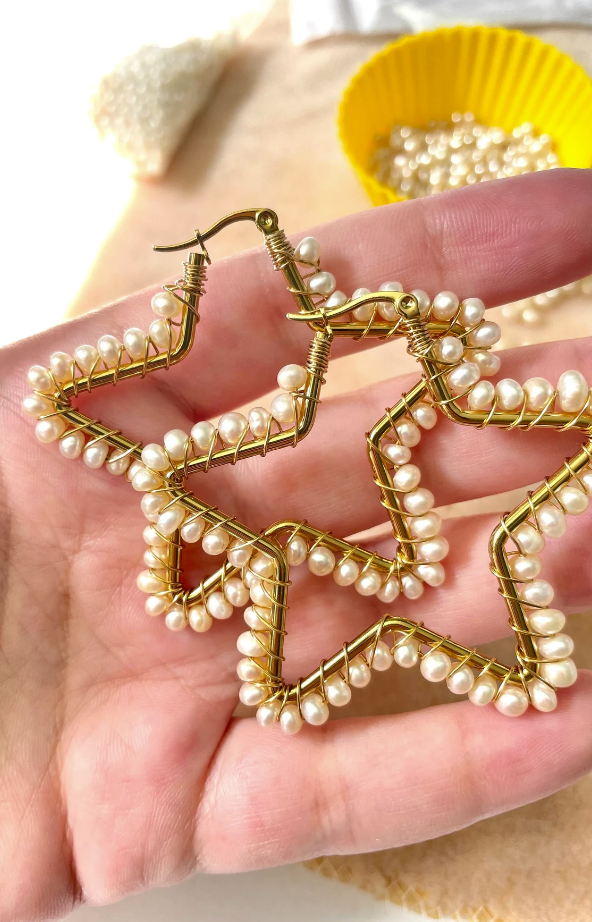 Freshwater Pearl Stainless Steel Gold Star Hoop Earrings