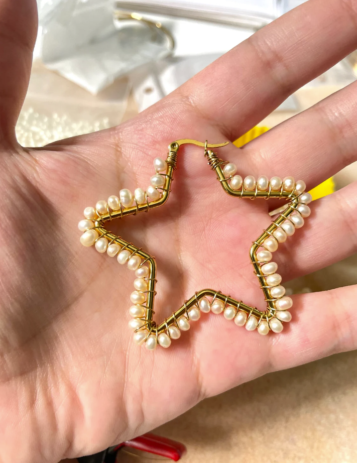 Freshwater Pearl Stainless Steel Gold Star Hoop Earrings