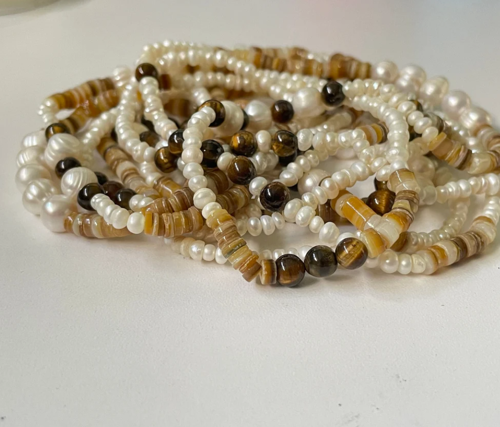Freshwater Pearl, Tiger Eye and Shell Extra Long Wrap Necklace