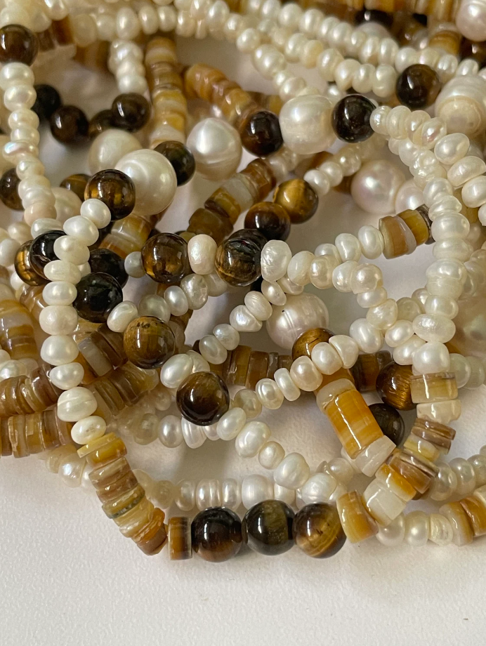 Freshwater Pearl, Tiger Eye and Shell Extra Long Wrap Necklace