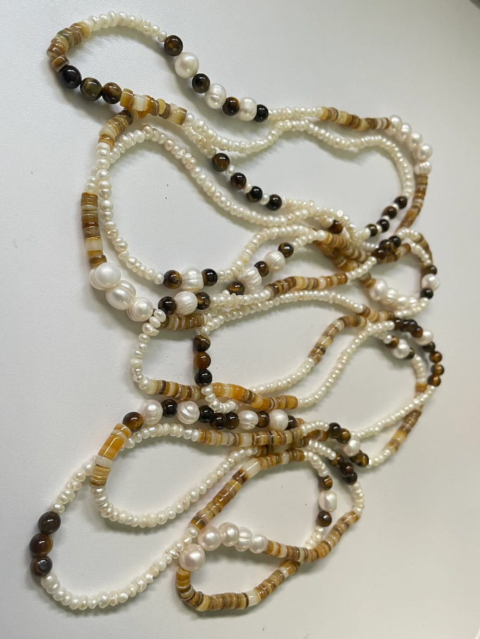 Freshwater Pearl, Tiger Eye and Shell Extra Long Wrap Necklace