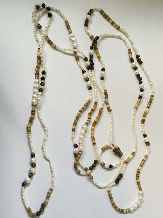 Freshwater Pearl, Tiger Eye and Shell Extra Long Wrap Necklace