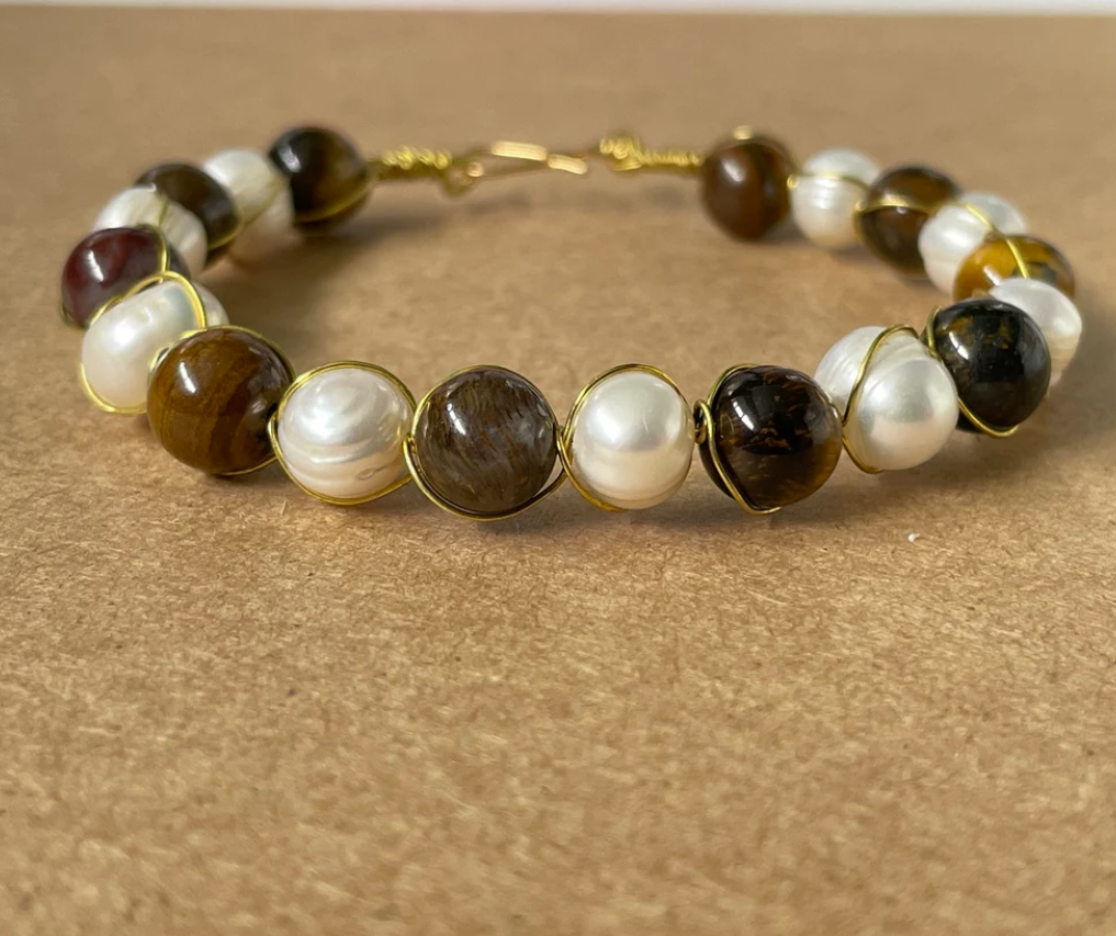 Freshwater Pearls and Tiger Eye Golden Wire Wrapped Bracelet
