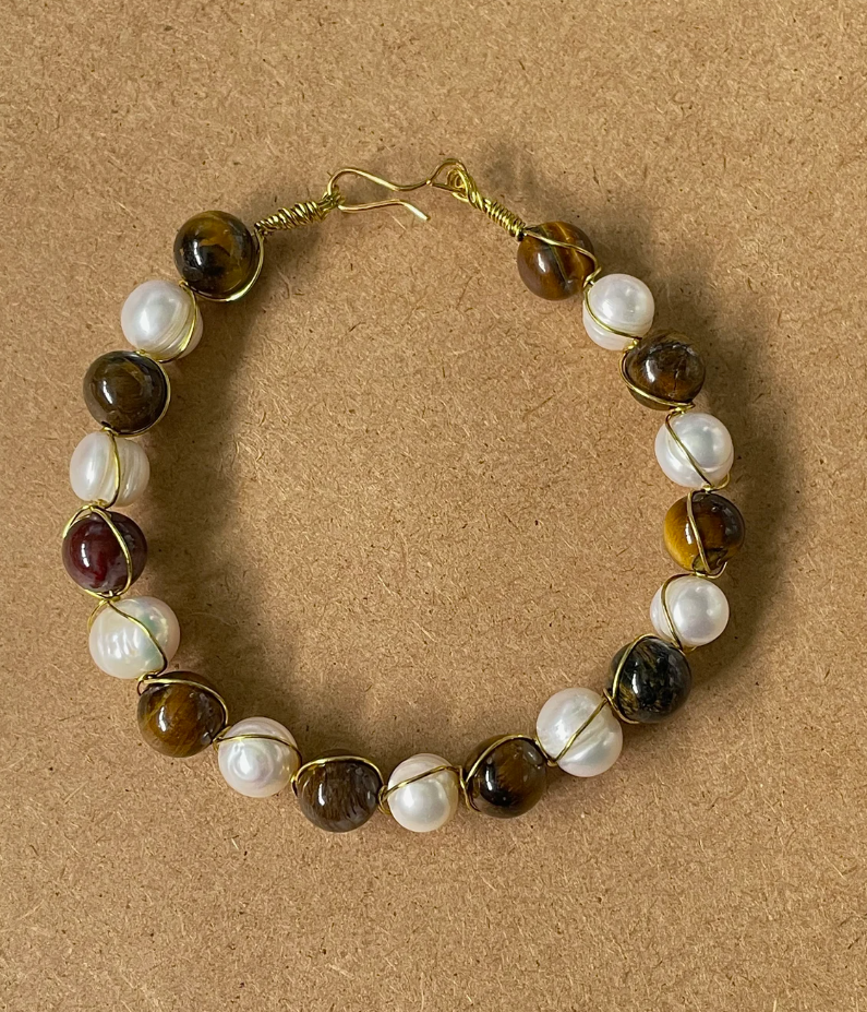 Freshwater Pearls and Tiger Eye Golden Wire Wrapped Bracelet