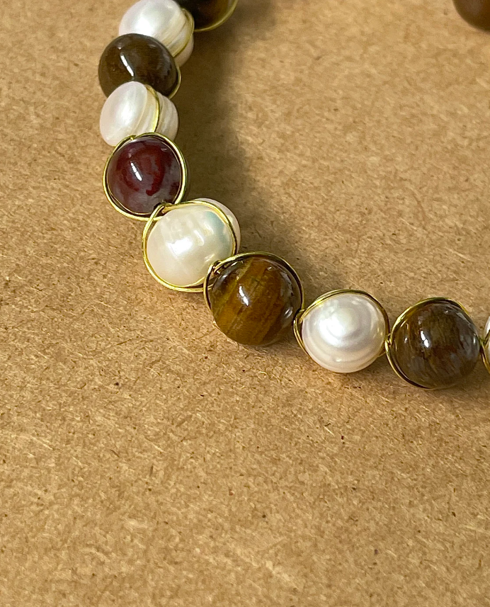 Freshwater Pearls and Tiger Eye Golden Wire Wrapped Bracelet